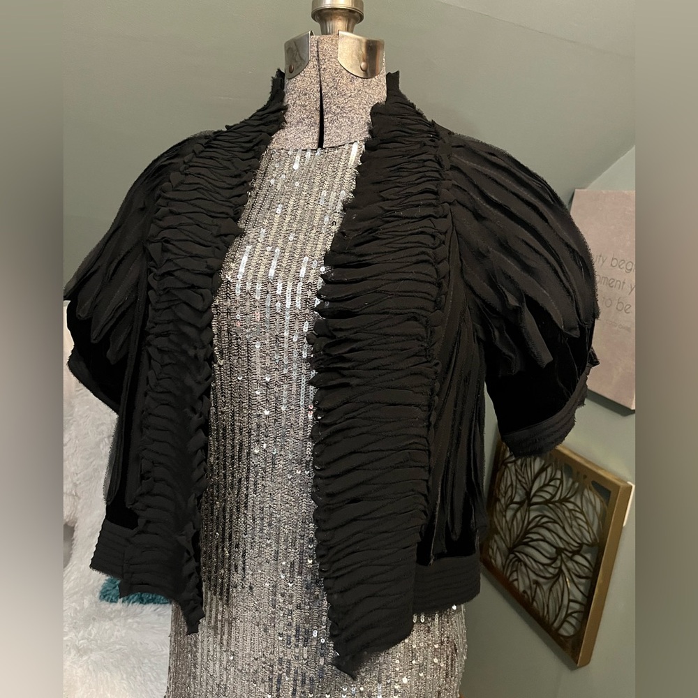 BCBGmaxAzria black velvet and chiffon “feather” bolero jacket